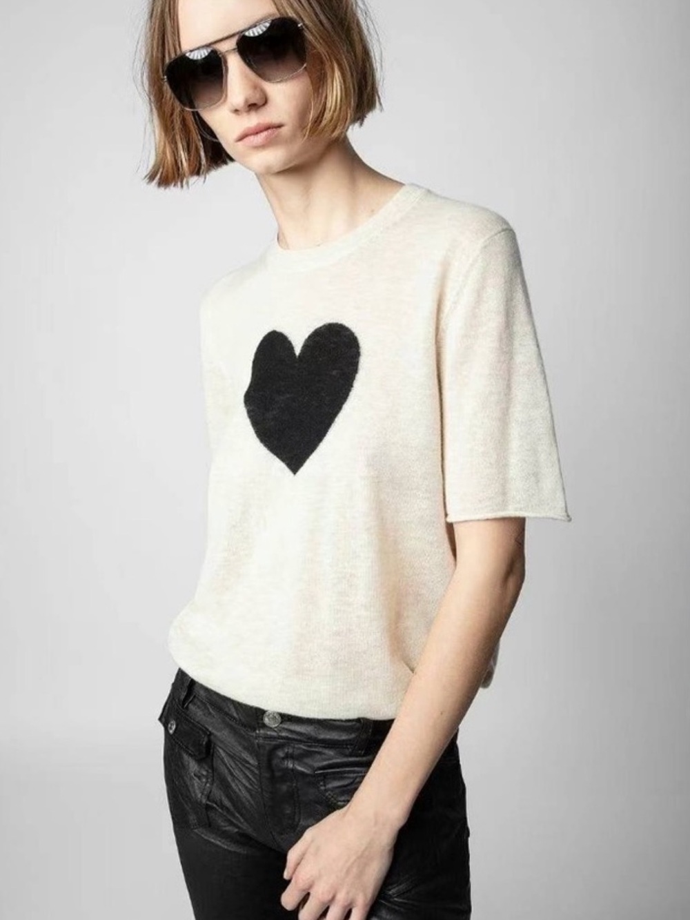 Zadig & Voltaire Sugar/Ecru Short-Sleeve Sweater with Black Heart